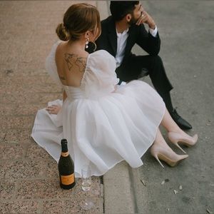 Puff Sleeve Selkie-style Dress - White